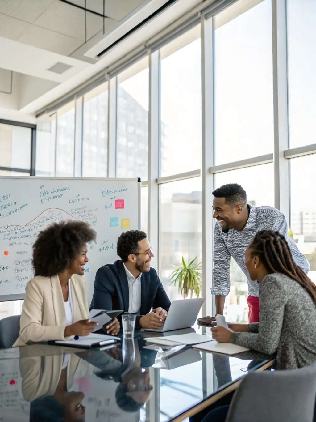 A team of consultants collaborating around a table, analyzing data and formulating innovative solutions, showcasing Axiomith's collaborative and analytical approach.